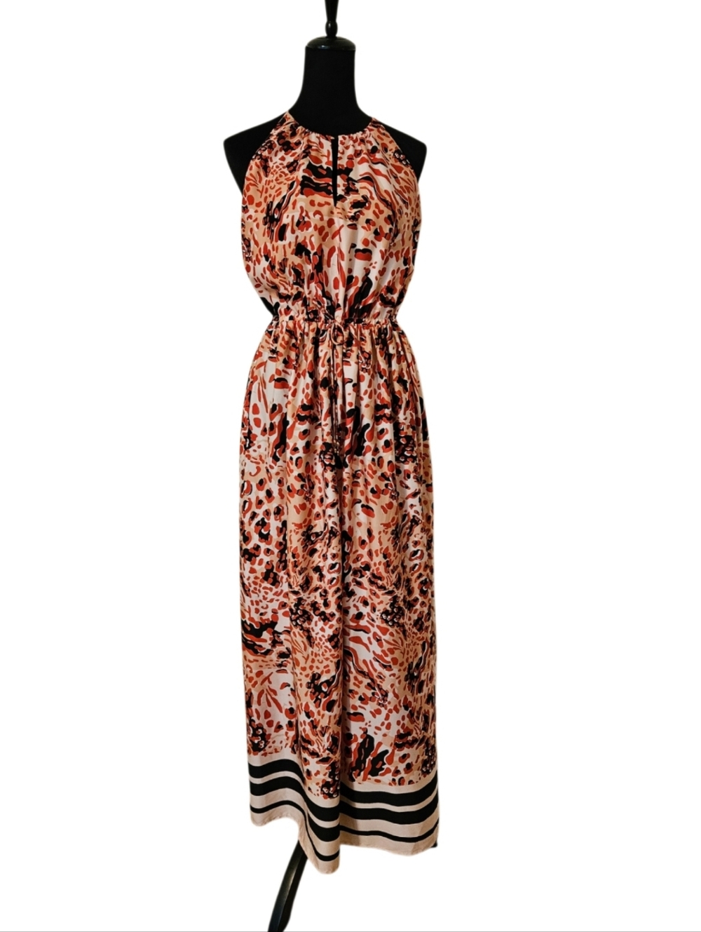 Sleeveless Halter Animal-Print Dress in Red and Black